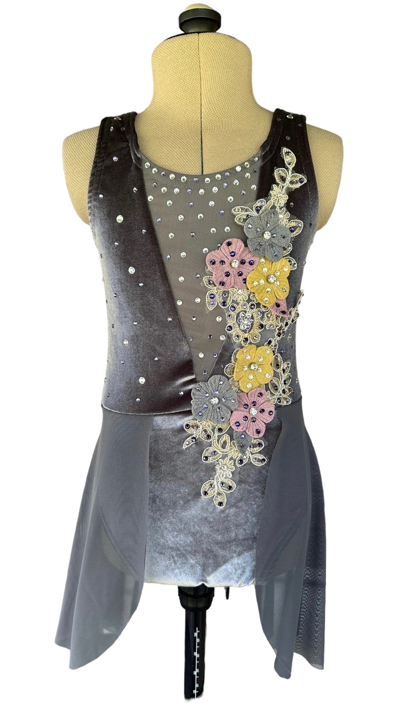 grey contemporary dance dress Size Child Medium- Slate grey Velvet and mesh lyrical Dance Costume Base
